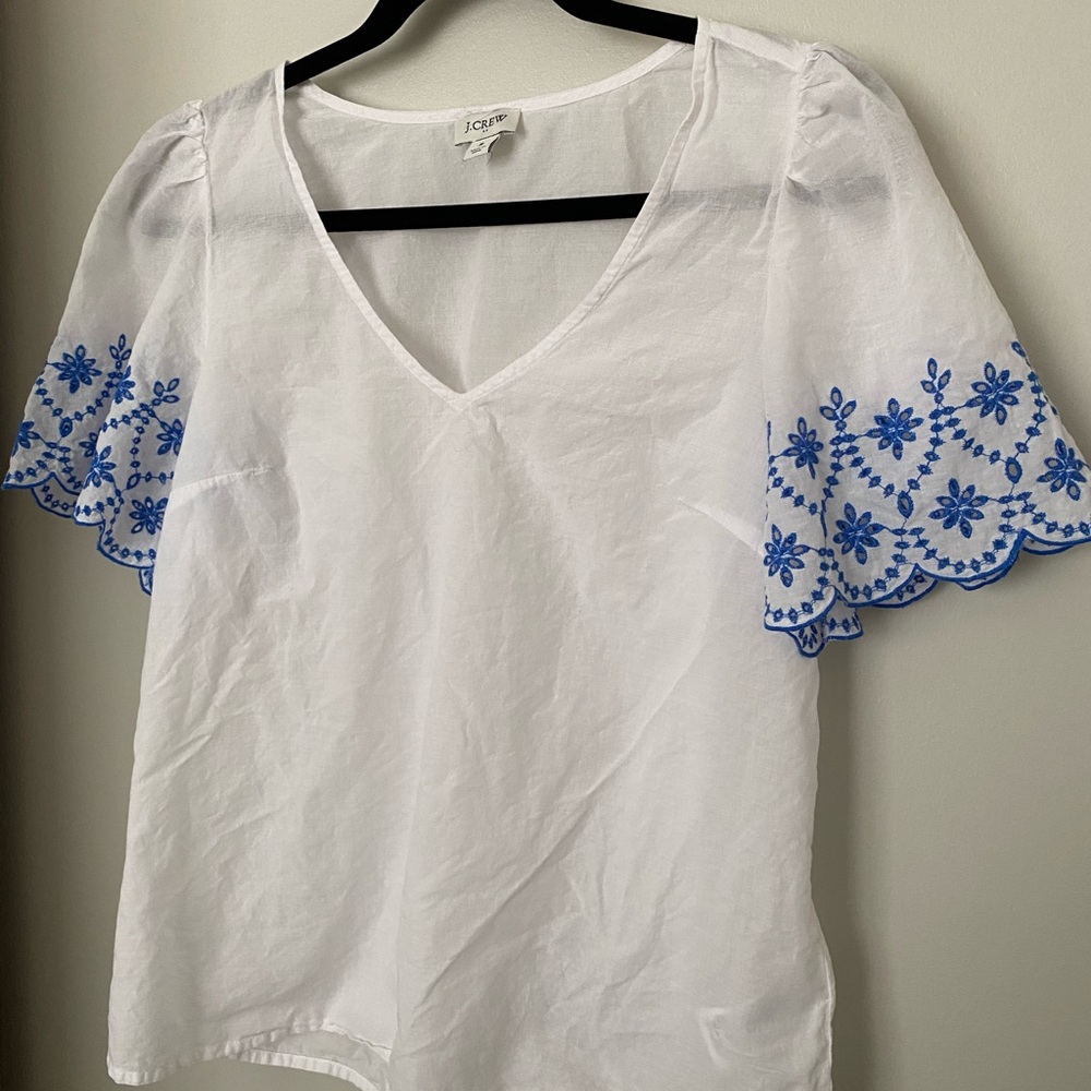 J. Crew Factory White Blouse with Blue Floral Embroidery